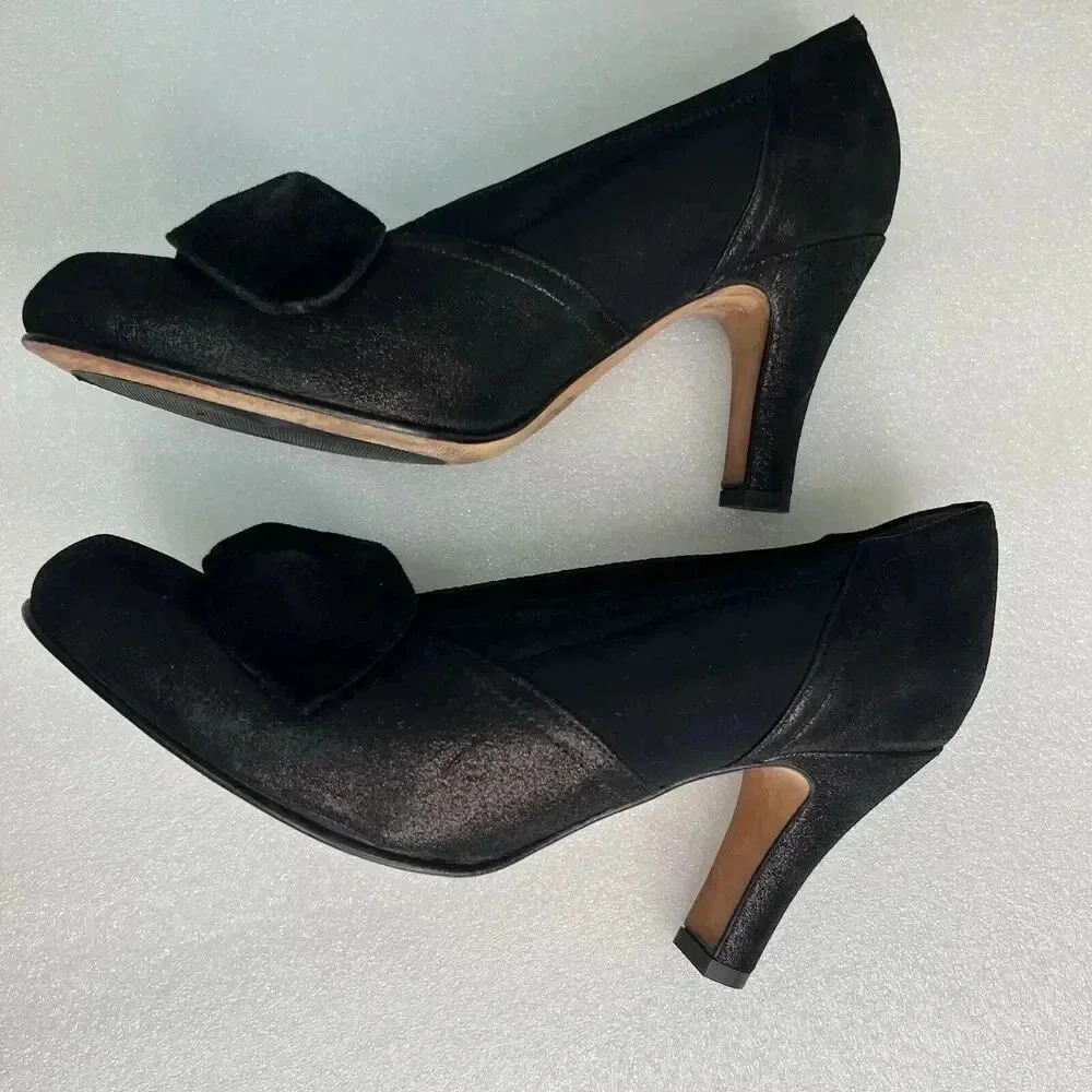 ANYI LU Hand Made‎ Italy Heels Black Fabric Metallic Leather Bow Detail Formal 9 - Picture 9 of 16
